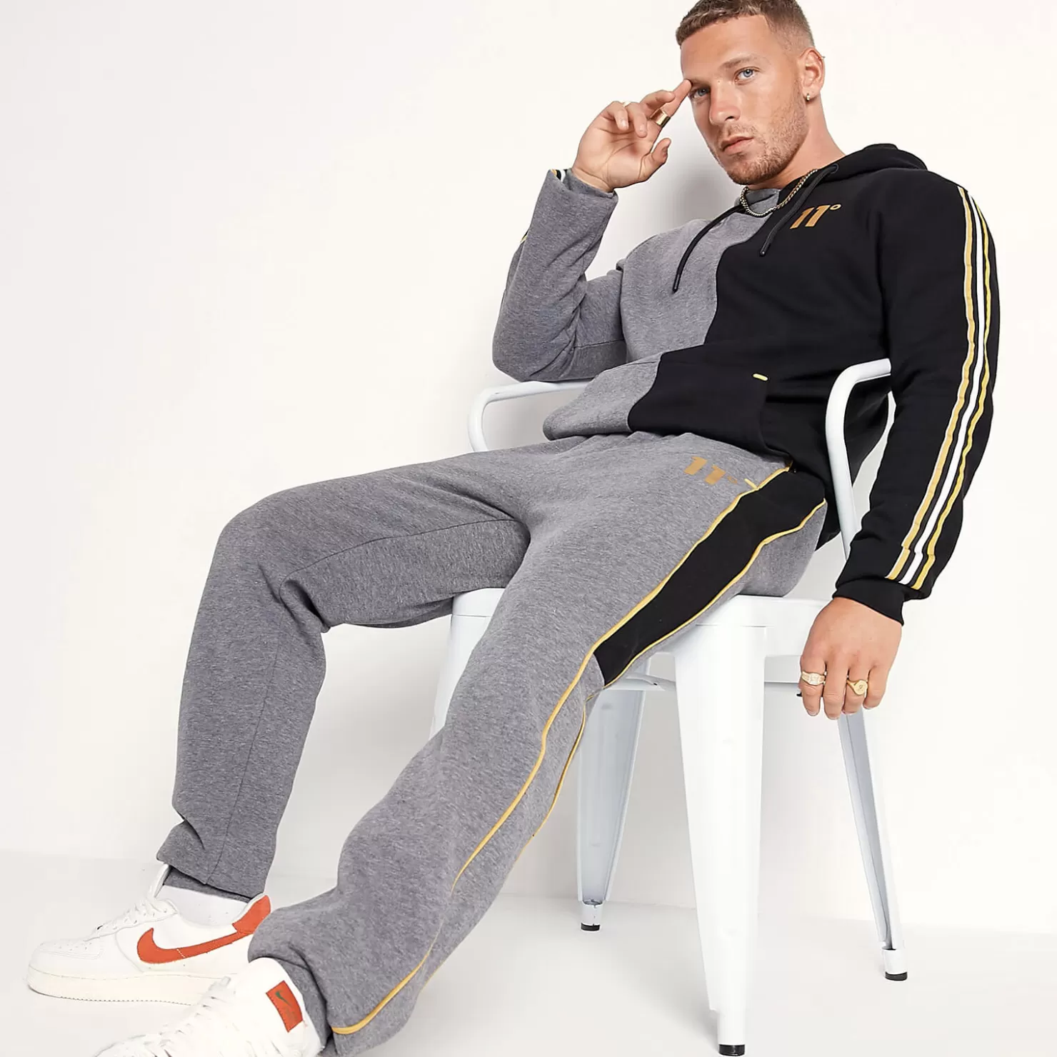 11 Degrees Joggers< Colour Block Joggers Regular Fit – Charcoal Marl / Black / Gold