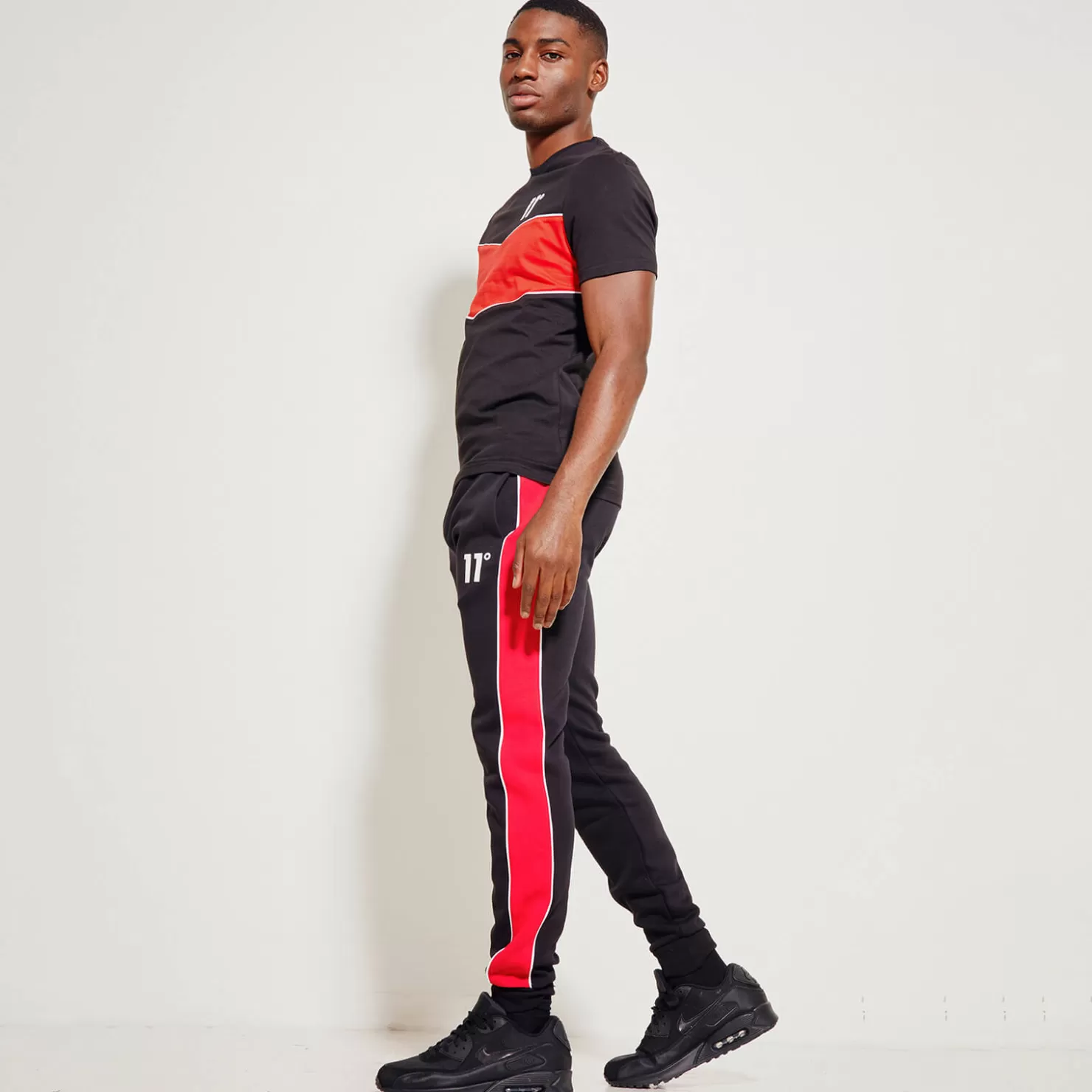11 Degrees Joggers< Colour Block Piped Joggers Regular Fit – Black / Goji Berry Red / White