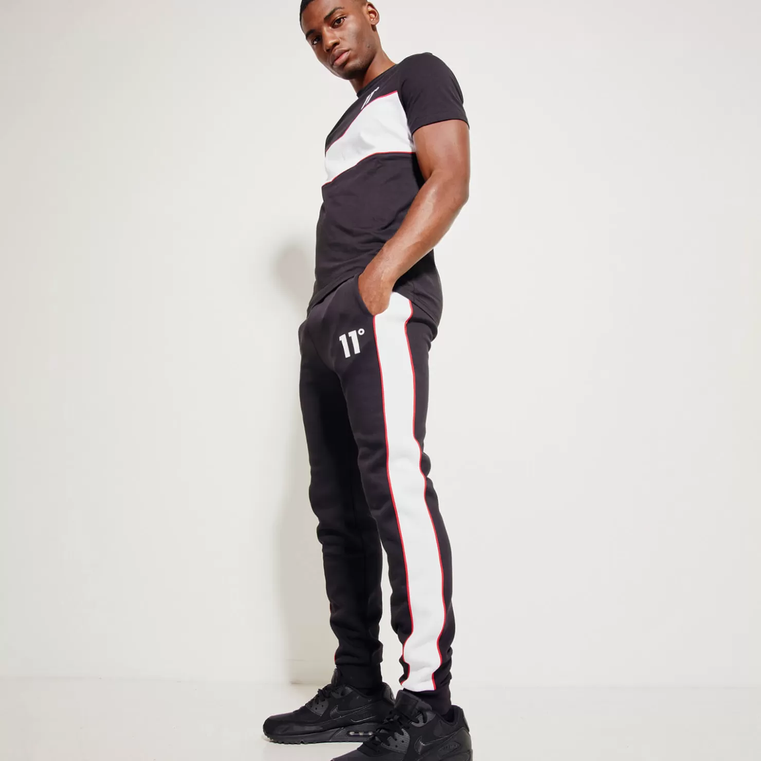 11 Degrees Joggers< Colour Block Piped Joggers Regular Fit – Black / White / Goji Berry Red