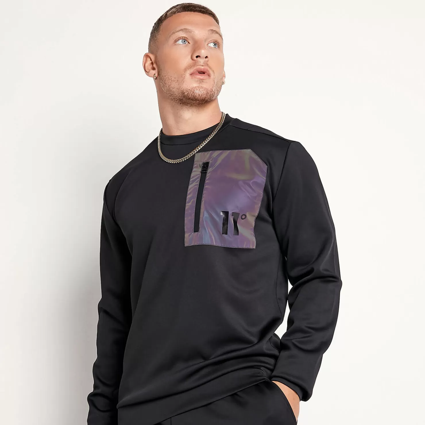 11 Degrees Tracksuits< Contrast Pocket Poly Top – Black / Iridescent Reflective