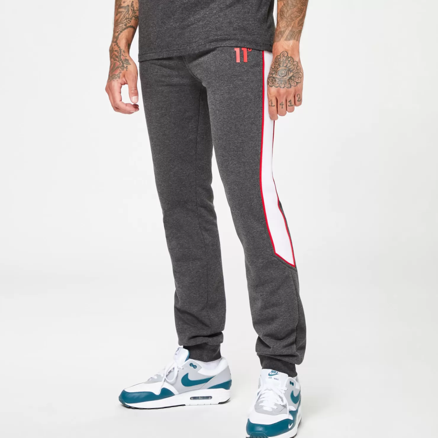11 Degrees Joggers< Cut & Sew Colour Block Piped Regular Fit Joggers – Black Marl / White / Goji Berry Red