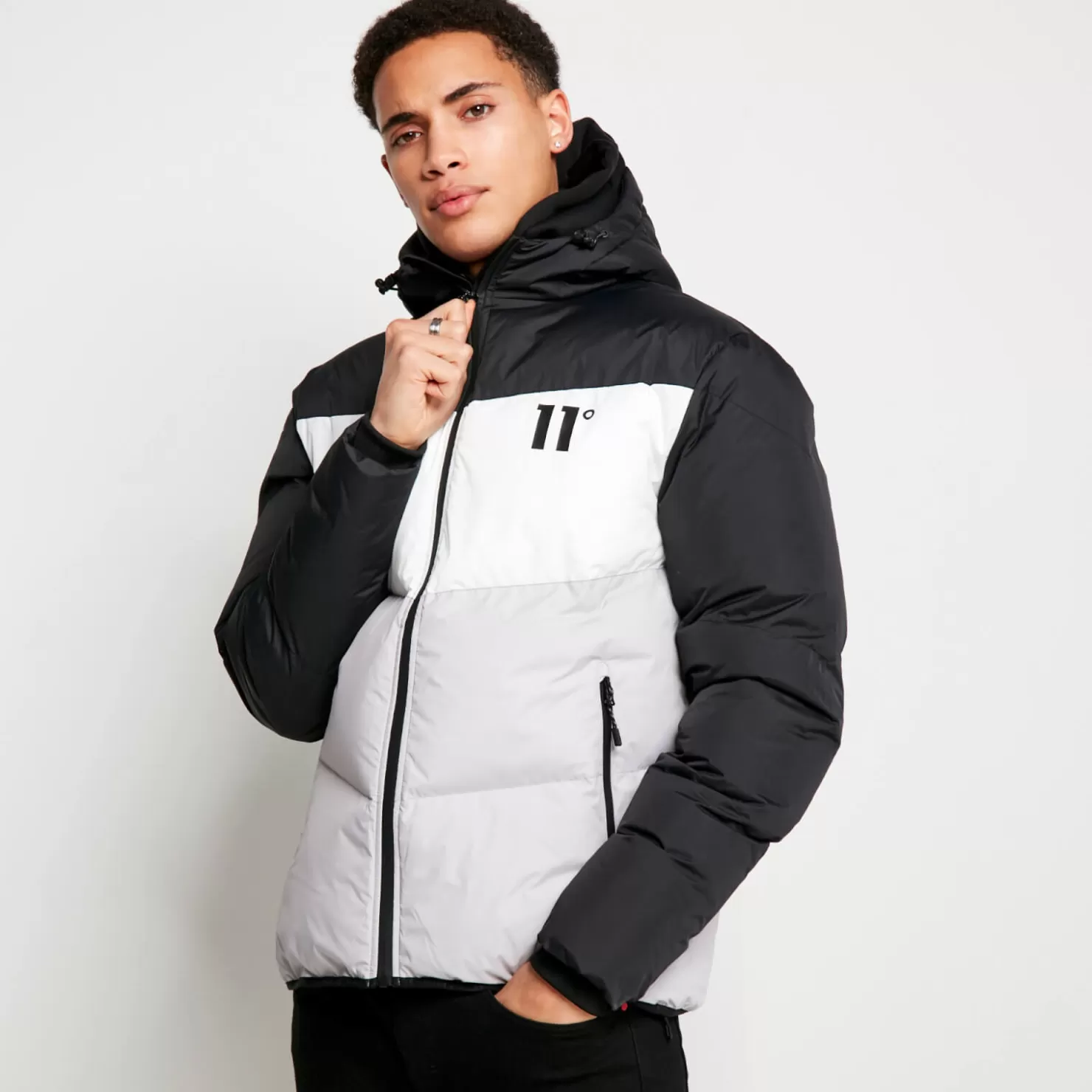 11 Degrees Jackets< Large Panelled Colour Block Puffer Jacket – Black/White/Vapour Grey