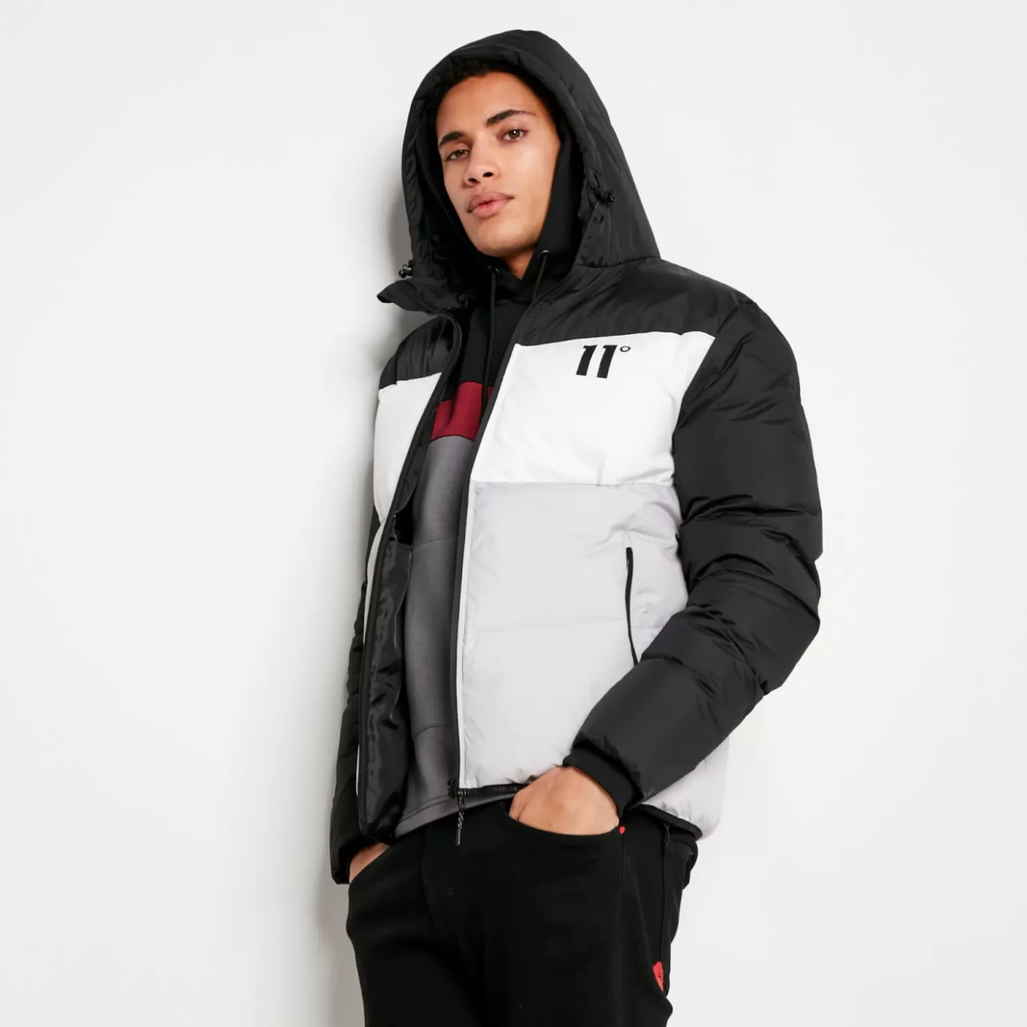 11 Degrees Jackets< Large Panelled Colour Block Puffer Jacket – Black/White/Vapour Grey