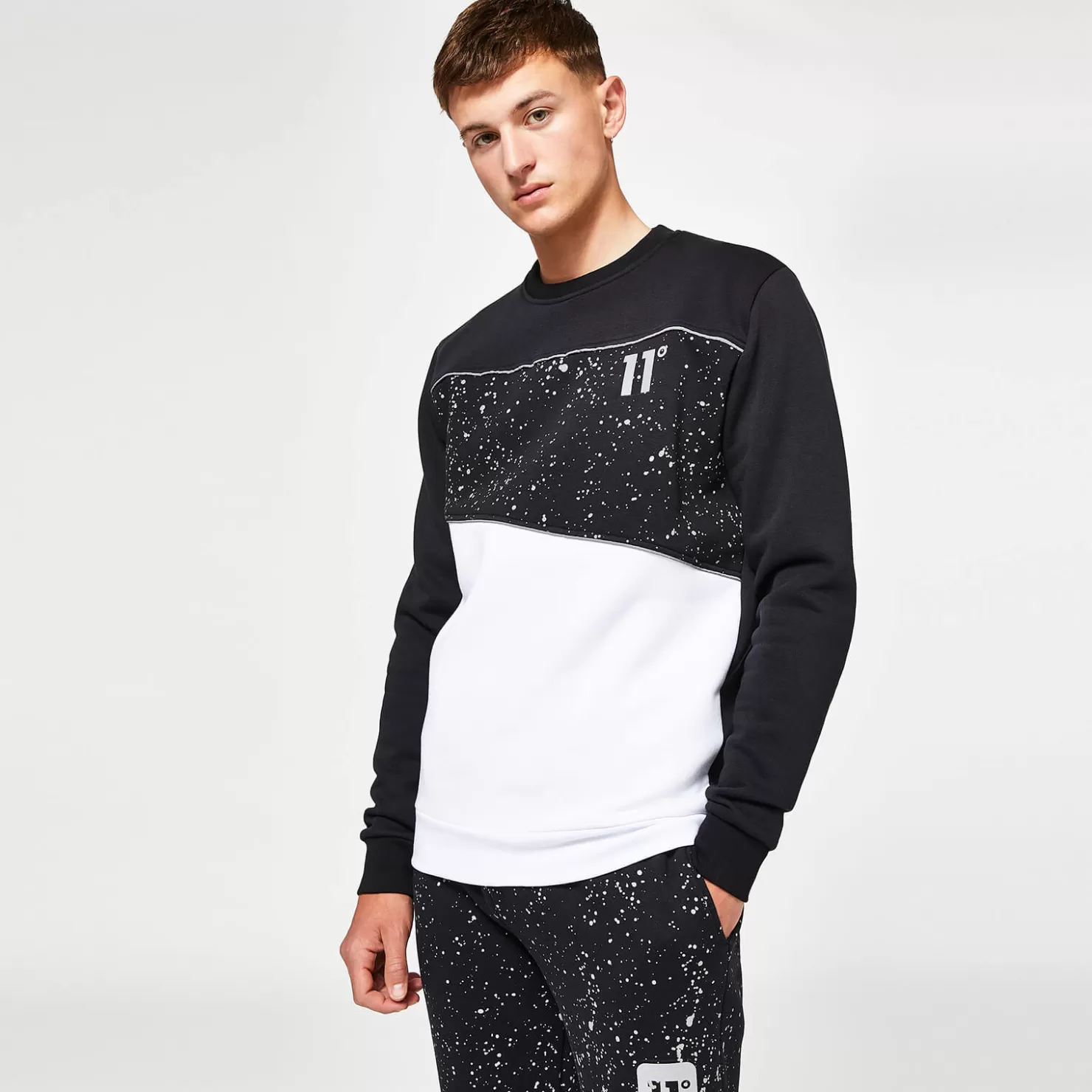 11 Degrees Sweatshirts< Men'S Splatter Print Piped Cut & Sew Sweatshirt - White/Black/Reflective