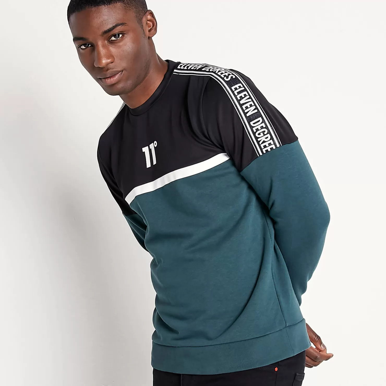 11 Degrees Sweatshirts< Mixed Fabric Taped Sweatshirt – Darkest Spruce Green / Black / White