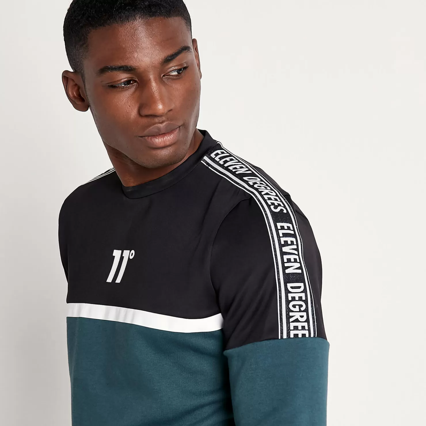 11 Degrees Sweatshirts< Mixed Fabric Taped Sweatshirt – Darkest Spruce Green / Black / White