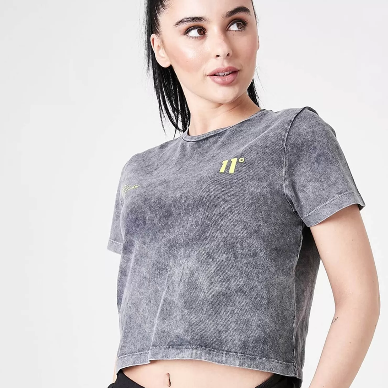11 Degrees T-Shirts< Womens Ben Nicky Acid Wash Cropped T-Shirt – Black Acid Wash / Lime Green