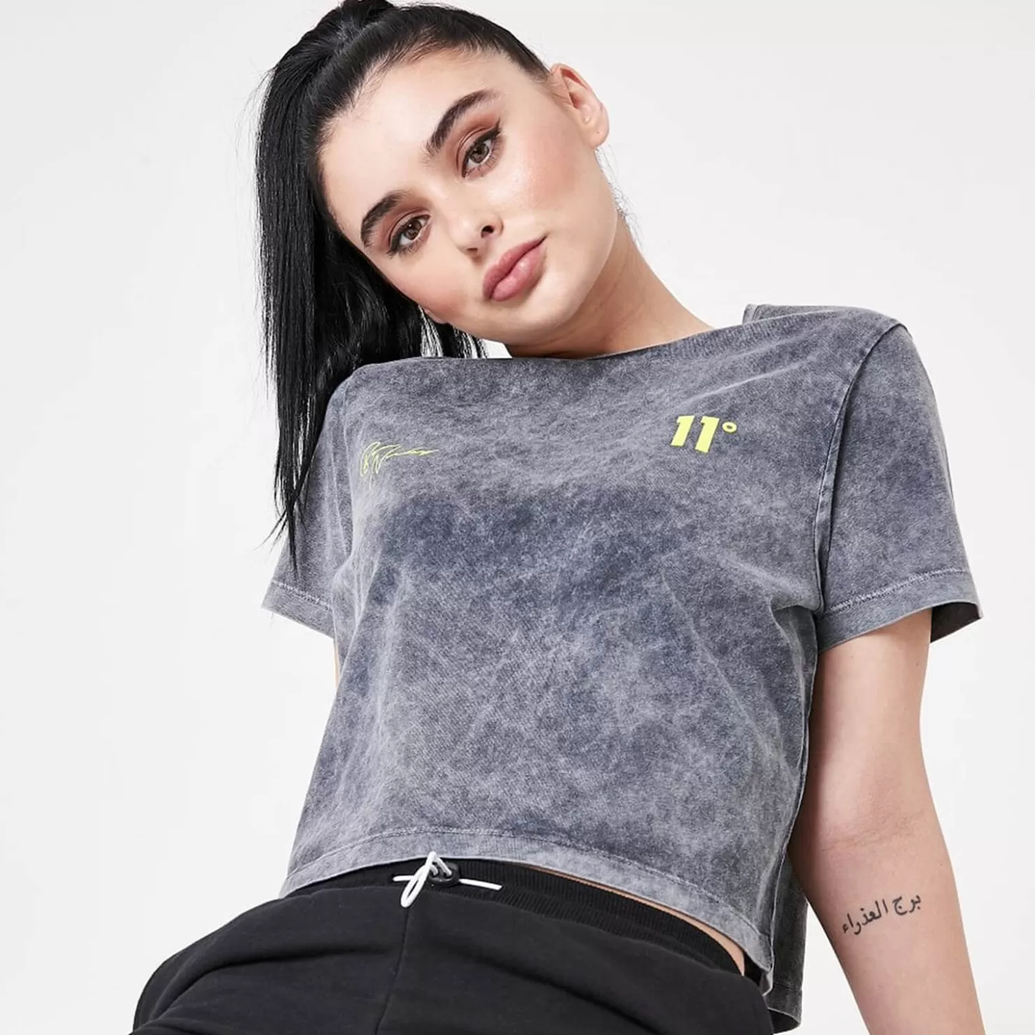 11 Degrees T-Shirts< Womens Ben Nicky Acid Wash Cropped T-Shirt – Black Acid Wash / Lime Green