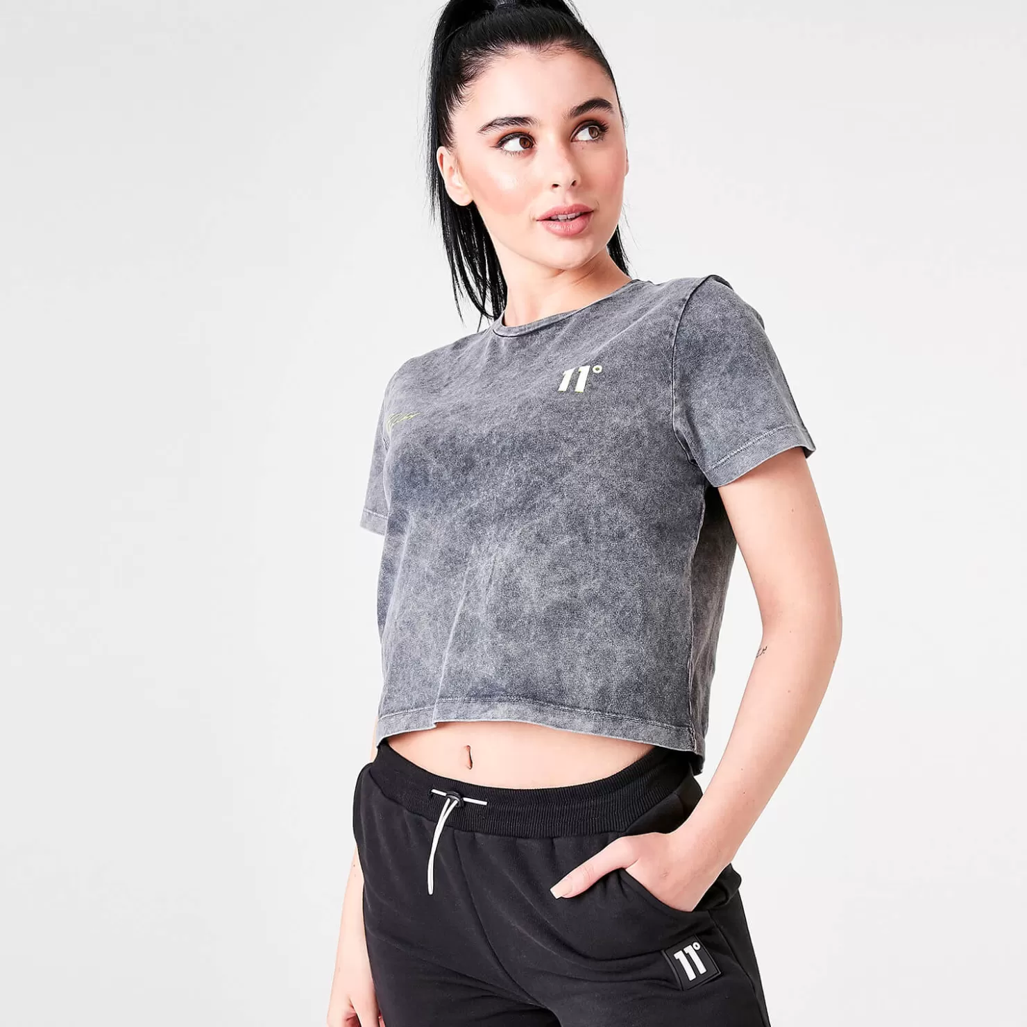 11 Degrees T-Shirts< Womens Ben Nicky Acid Wash Cropped T-Shirt – Black Acid Wash / White