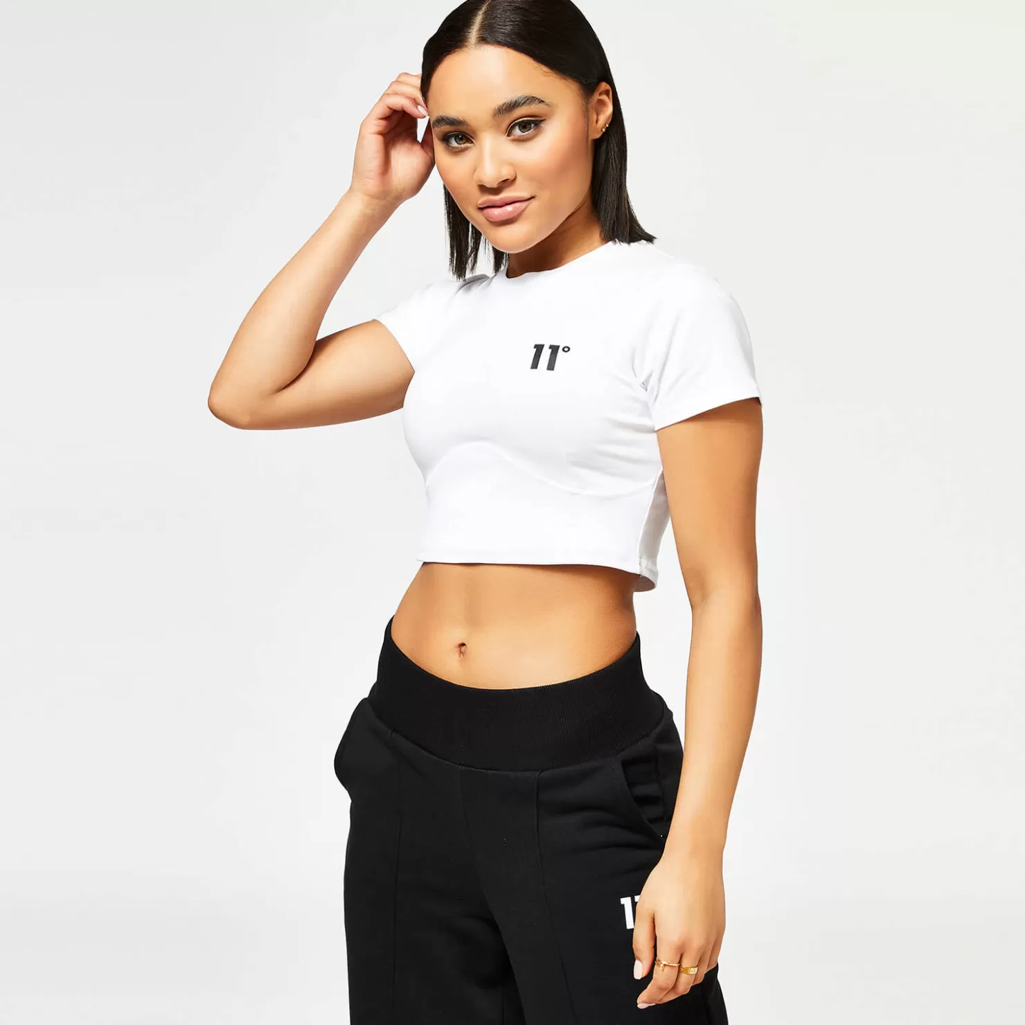 11 Degrees T-Shirts< Womens Corset Cover Stitch Cropped Short Sleeve T-Shirt – White