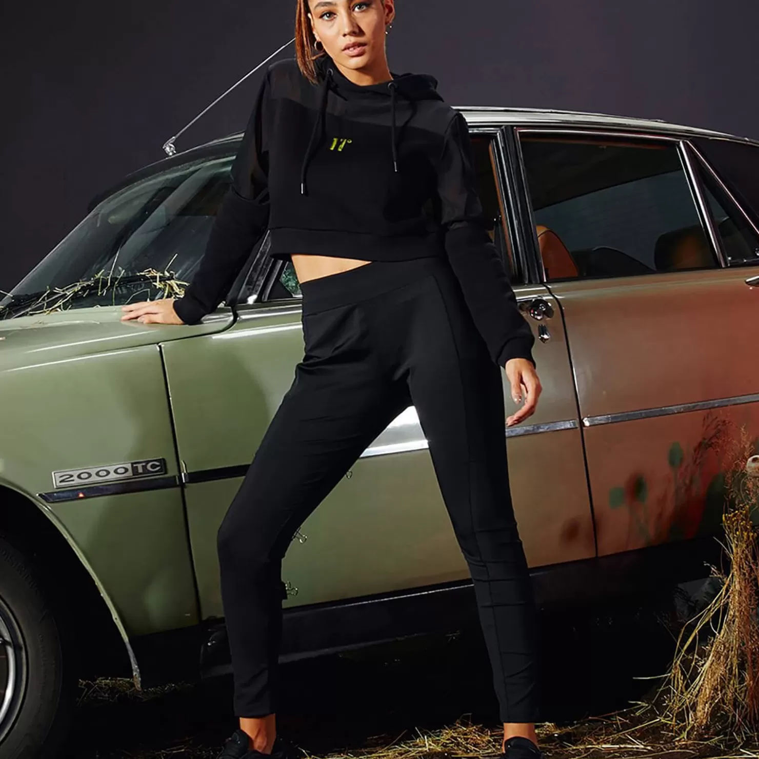 11 Degrees Hoodies< Womens Opal Cropped Mesh Insert Hoodie – Black