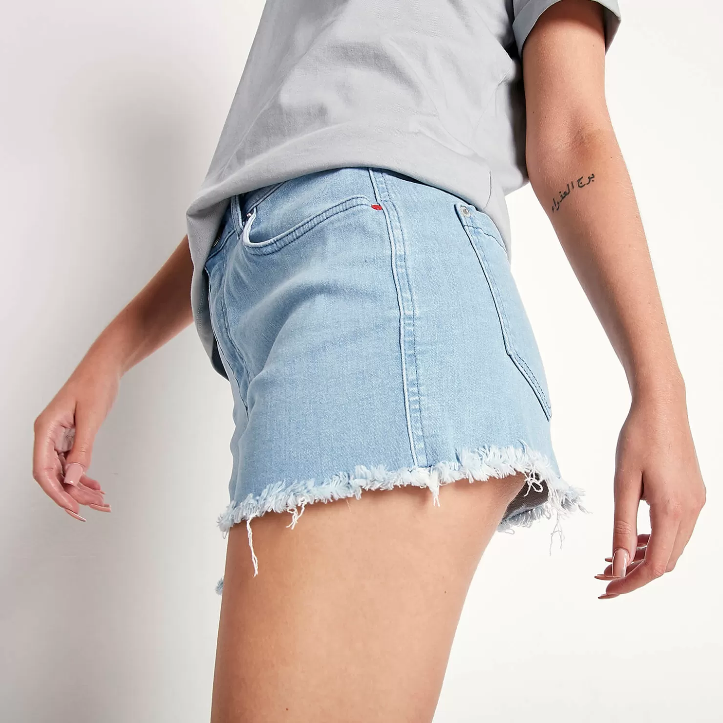 11 Degrees Shorts< Womens Sustainable High Waisted Raw Hem Denim Shorts – Light Blue Wash