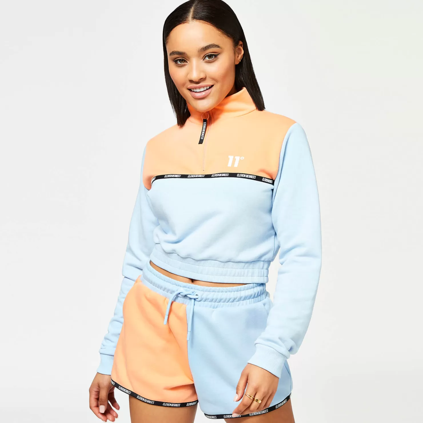 11 Degrees Sweatshirts< Womens Taped Colour Block Cropped Quarter-Zip Sweatshirt – Baby Blue / Coral
