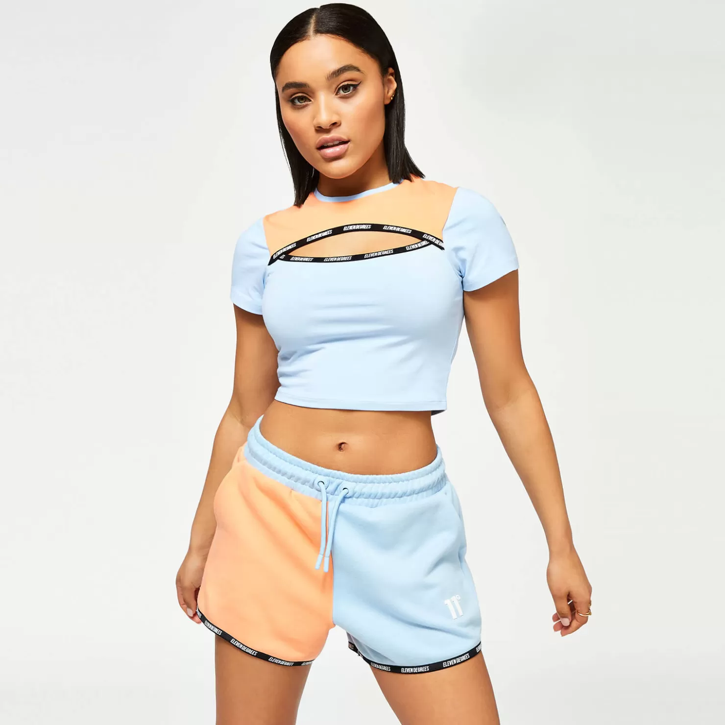 11 Degrees T-Shirts< Womens Taped Colour Block Cut Out Slim Fit Short Sleeve T-Shirt – Baby Blue / Coral