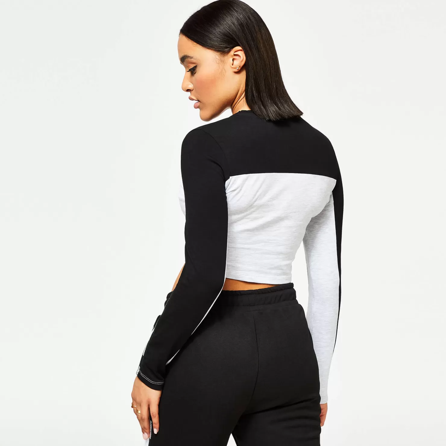 11 Degrees T-Shirts< Womens Taped Cut And Sew Cropped Long Sleeve Slim Fit T-Shirt – Grey Marl / Black / White