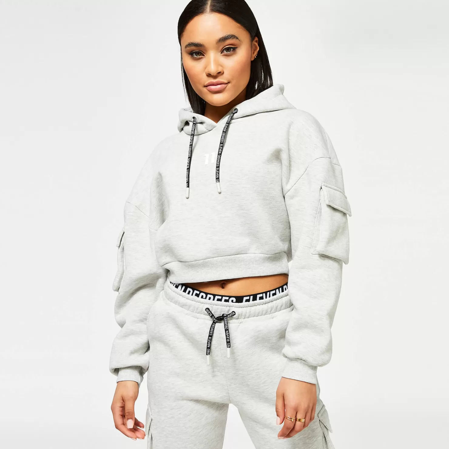11 Degrees Hoodies< Womens Utility Cropped Pullover Hoodie – Grey Marl