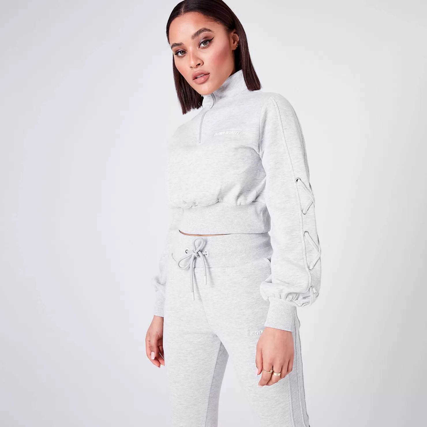 11 Degrees Sweatshirts< Womens Volume Sleeve Lace Up Detail Cropped Quarter Zip Sweatshirt – Grey Marl