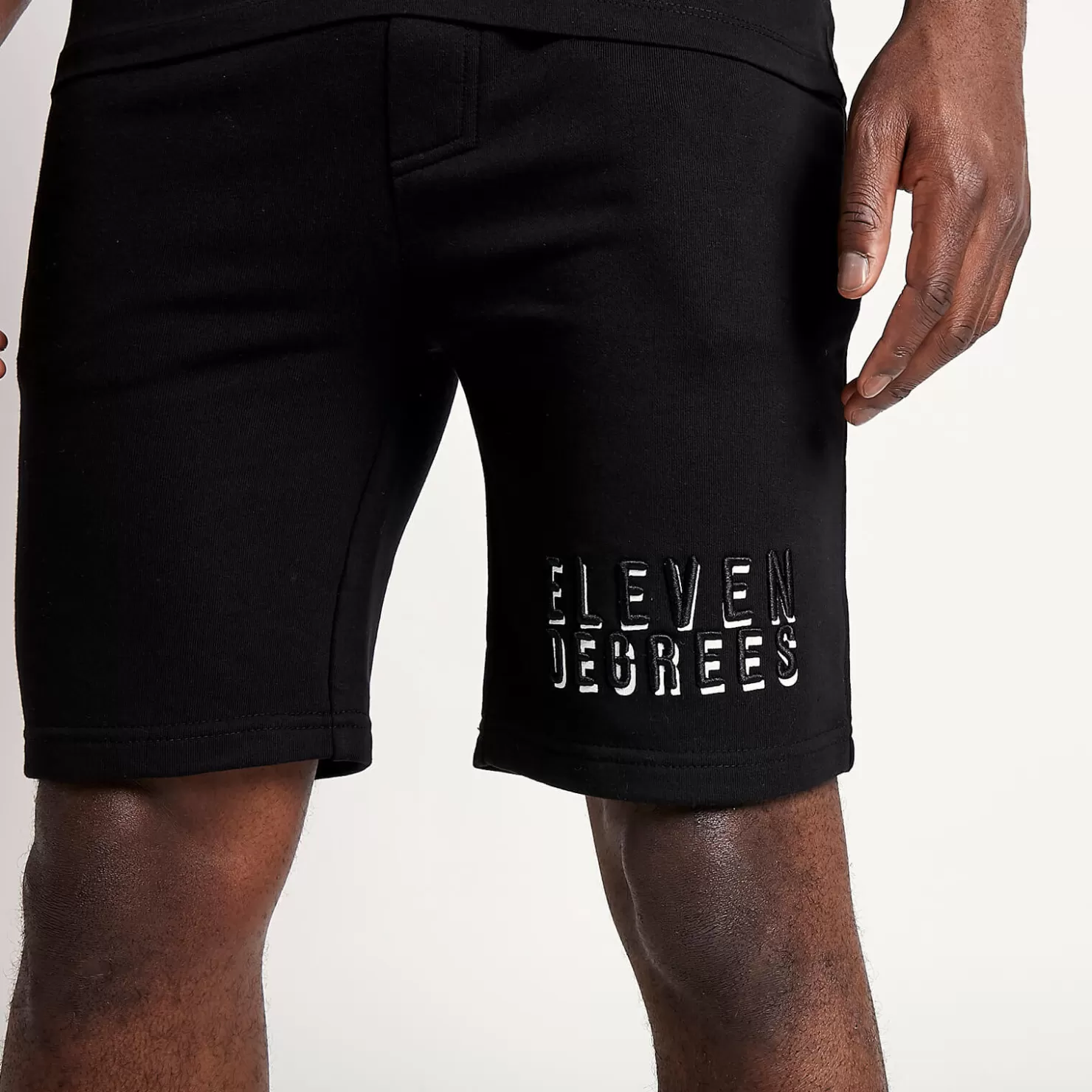11 Degrees Shorts<3D Embroidered Logo Sweat Shorts – Black