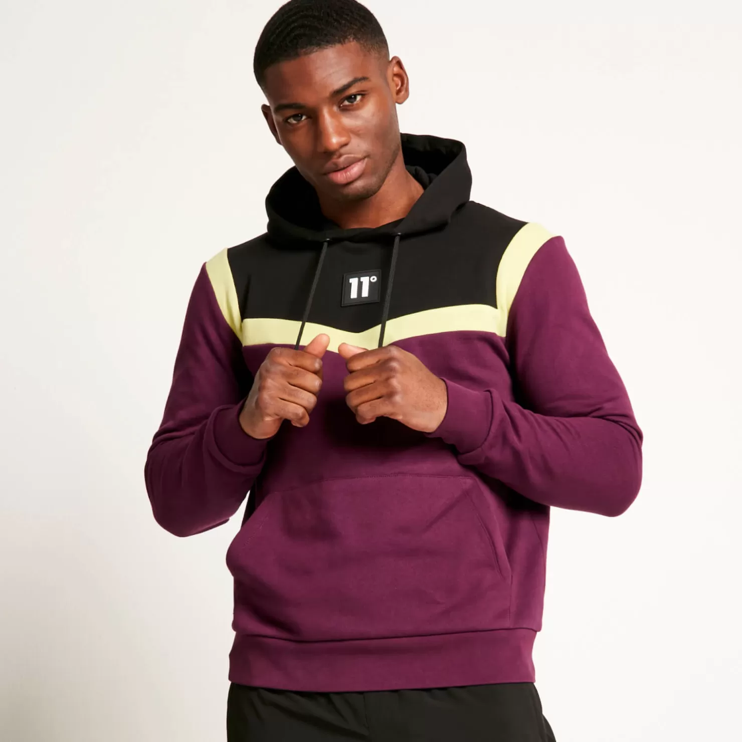 11 Degrees Hoodies<Cut And Sew Pullover Hoodie – Plum Purple/Black/Limeade