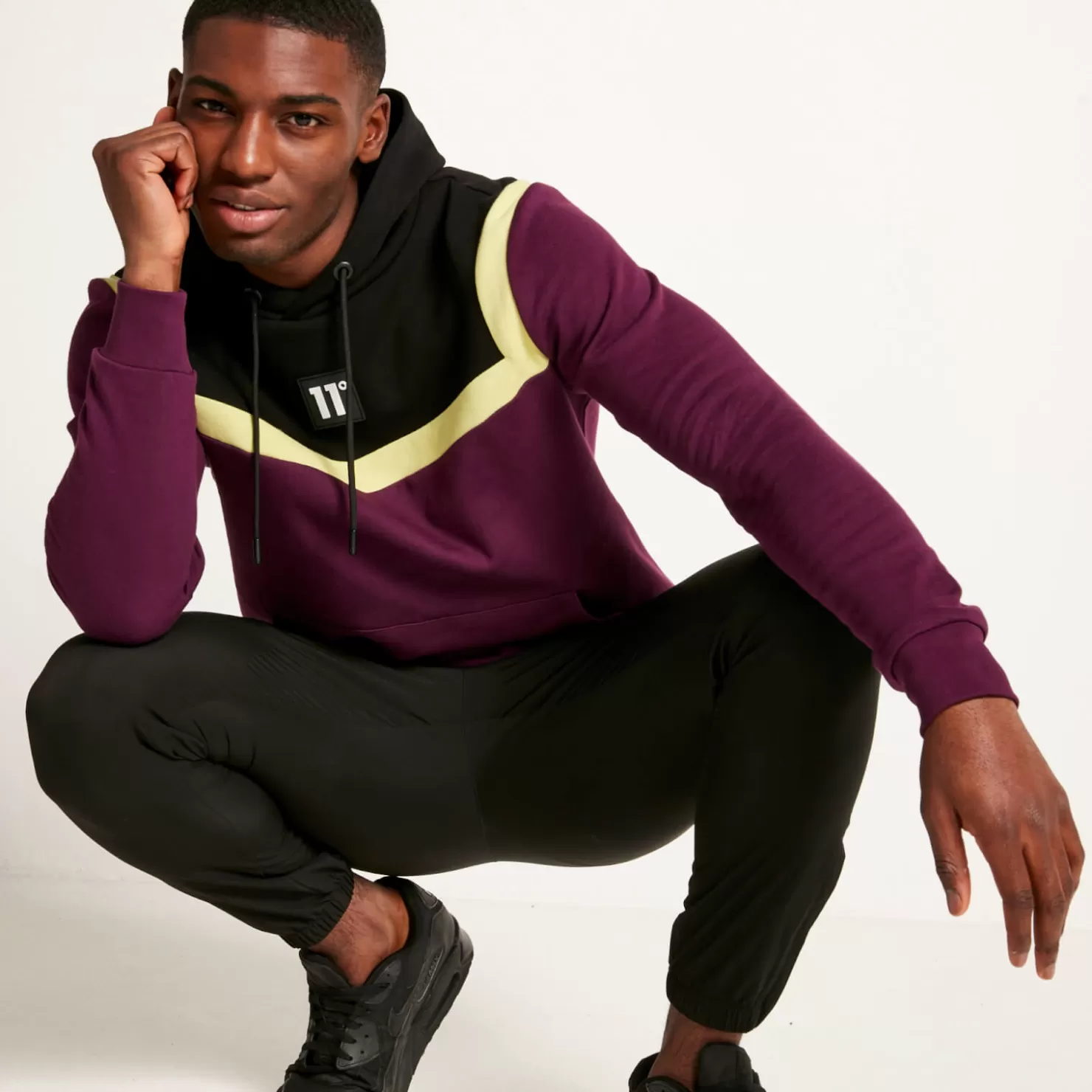 11 Degrees Hoodies<Cut And Sew Pullover Hoodie – Plum Purple/Black/Limeade