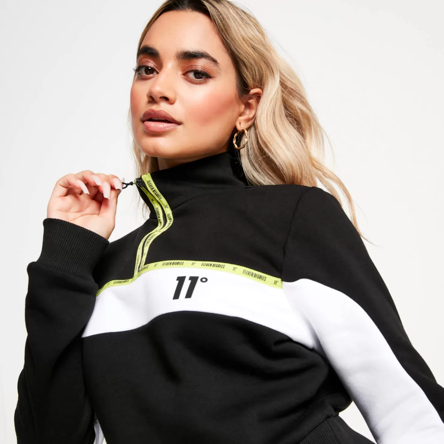 11 Degrees Sweatshirts<Micro Taped Cut And Sew Cropped Zip Sweatshirt – Black/White