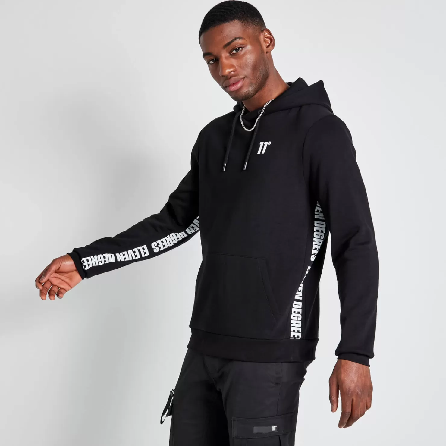11 Degrees Hoodies<Tall Text Panel Cut And Sew Pullover Hoodie – Black