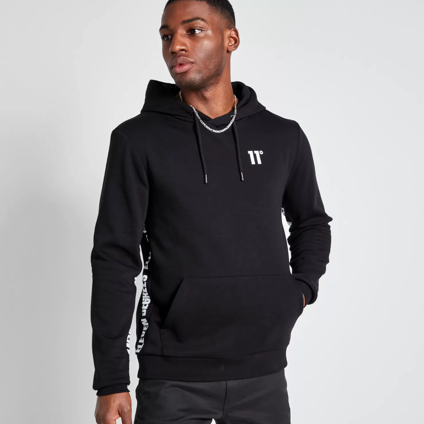 11 Degrees Hoodies<Tall Text Panel Cut And Sew Pullover Hoodie – Black
