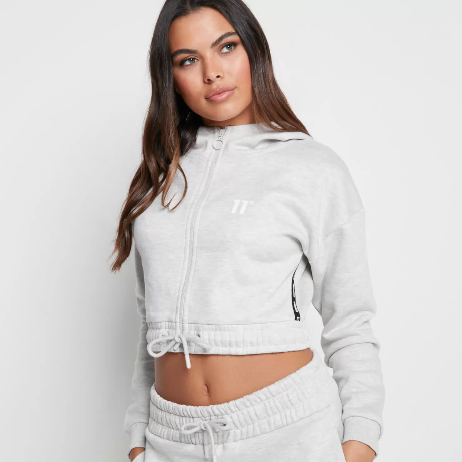 11 Degrees Hoodies<Taped Cropped Full Zip Hoodie – Grey Marl