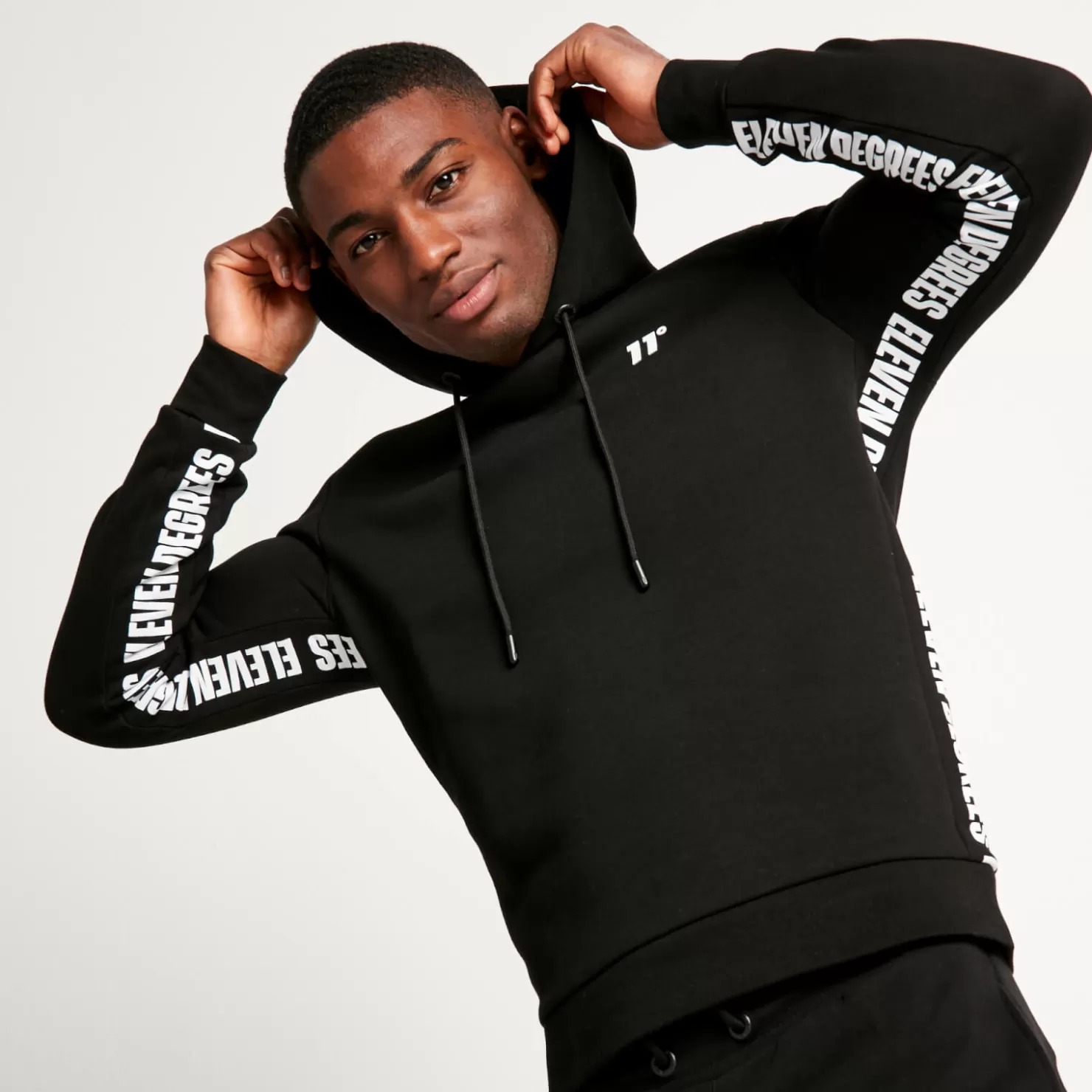 11 Degrees Hoodies<Text Panel Cut And Sew Pullover Hoodie – Black