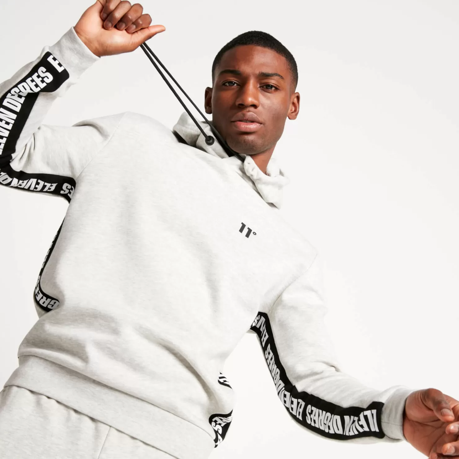 11 Degrees Hoodies<Text Panel Cut And Sew Pullover Hoodie – Grey Marl/Black