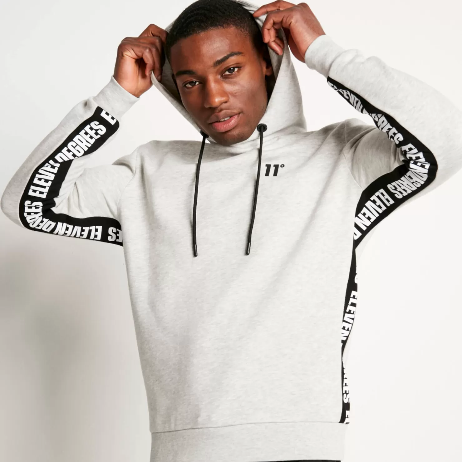 11 Degrees Hoodies<Text Panel Cut And Sew Pullover Hoodie – Grey Marl/Black